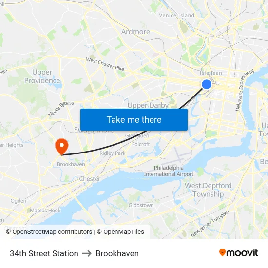 34th Street Station to Brookhaven map
