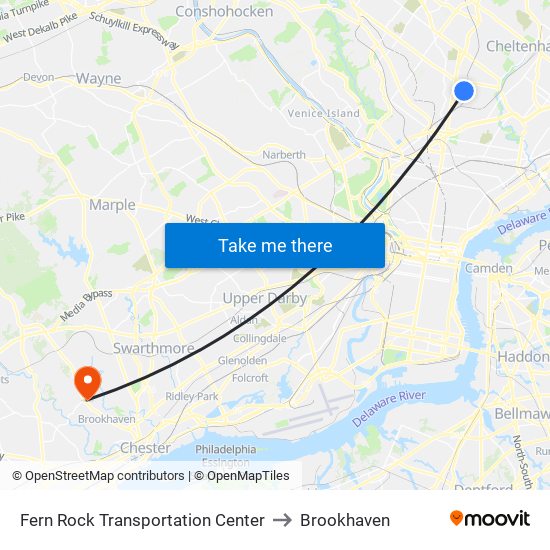 Fern Rock Transportation Center to Brookhaven map