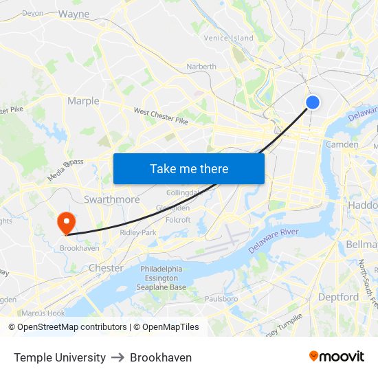 Temple University to Brookhaven map