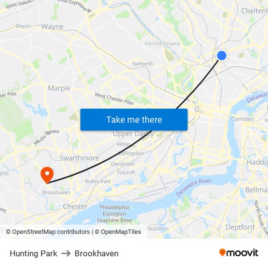 Hunting Park to Brookhaven map