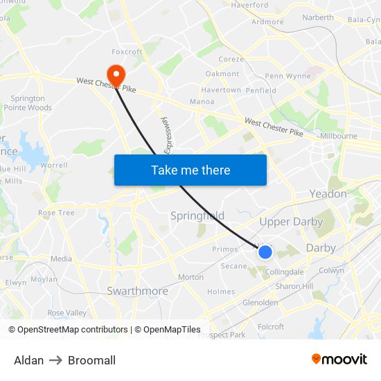 Aldan to Broomall map