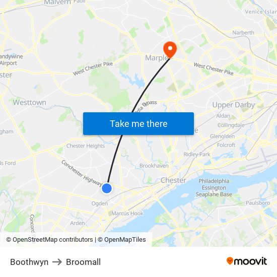 Boothwyn to Broomall map