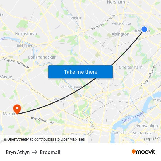 Bryn Athyn to Broomall map