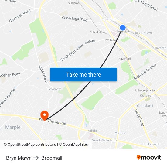 Bryn Mawr to Broomall map