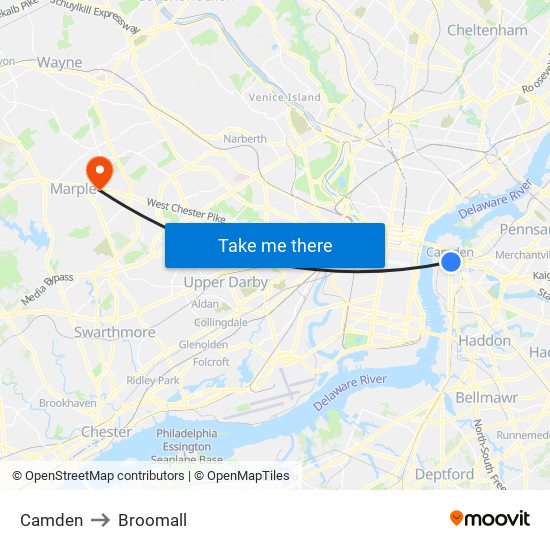 Camden to Broomall map