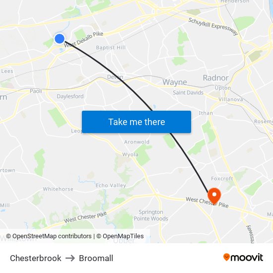 Chesterbrook to Broomall map