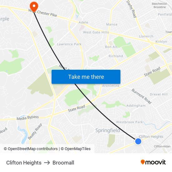 Clifton Heights to Broomall map