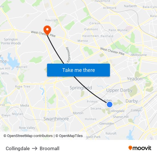 Collingdale to Broomall map