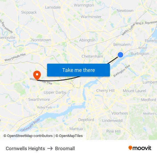 Cornwells Heights to Broomall map