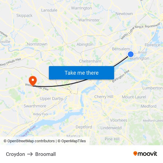 Croydon to Broomall map