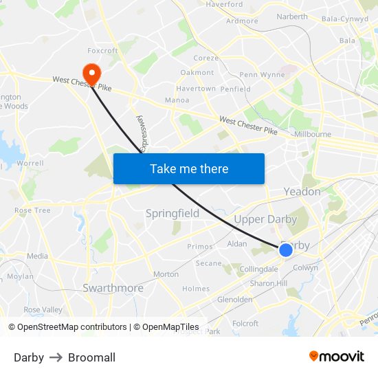 Darby to Broomall map