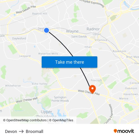 Devon to Broomall map