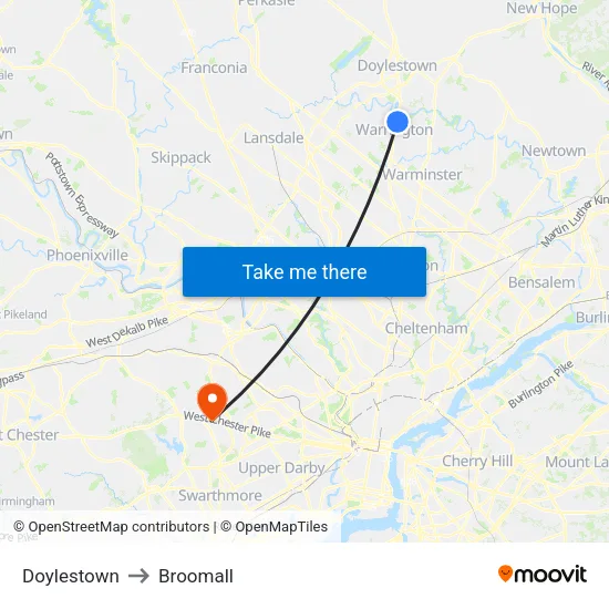 Doylestown to Broomall map