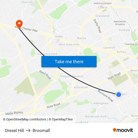 Drexel Hill to Broomall map