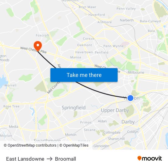 East Lansdowne to Broomall map