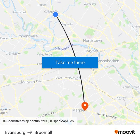 Evansburg to Broomall map