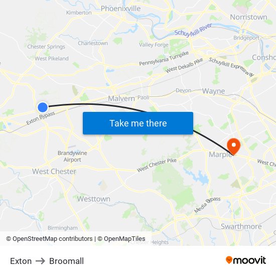 Exton to Broomall map