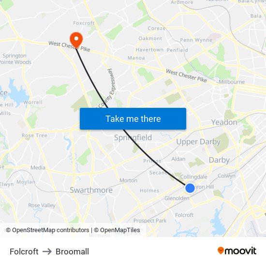 Folcroft to Broomall map