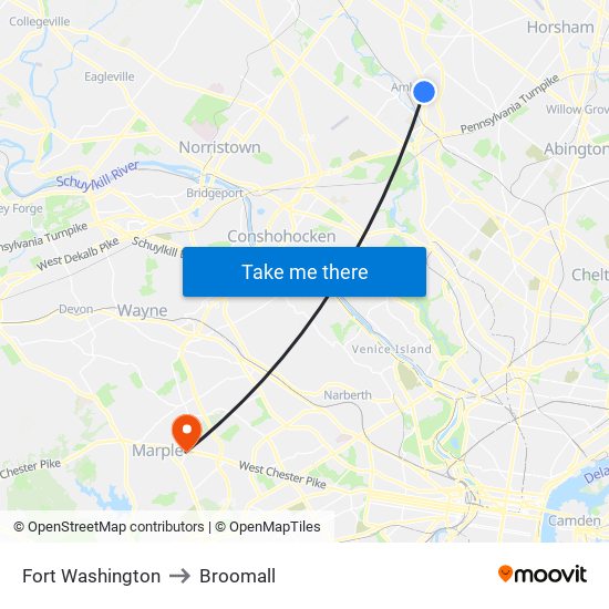 Fort Washington to Broomall map