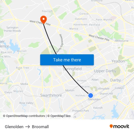 Glenolden to Broomall map