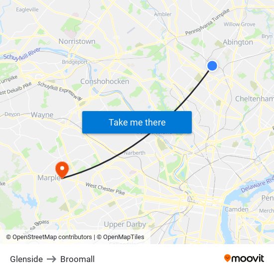 Glenside to Broomall map