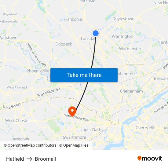 Hatfield to Broomall map