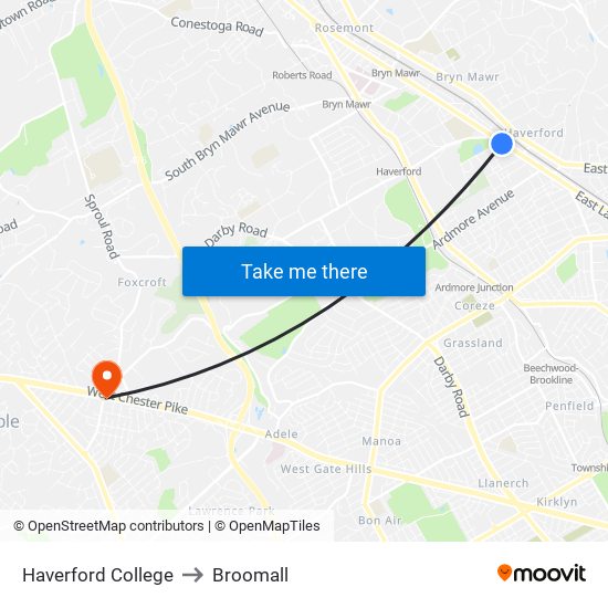 Haverford College to Broomall map