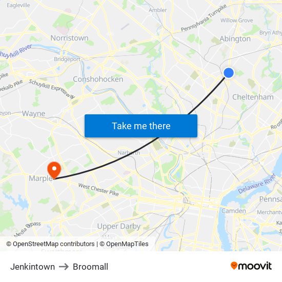 Jenkintown to Broomall map