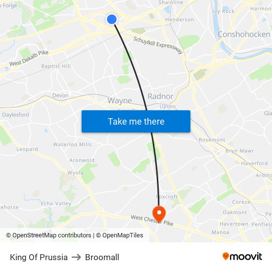 King Of Prussia to Broomall map