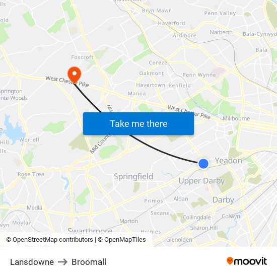 Lansdowne to Broomall map