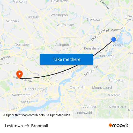 Levittown to Broomall map