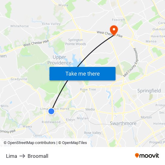 Lima to Broomall map