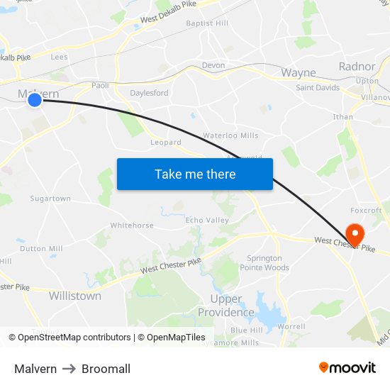 Malvern to Broomall map