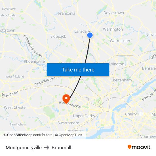 Montgomeryville to Broomall map