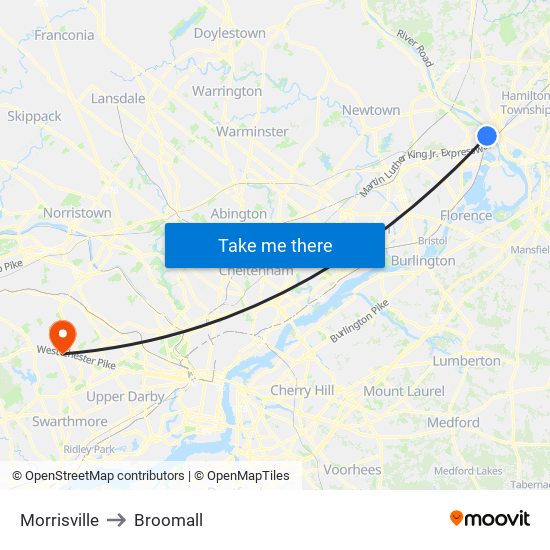Morrisville to Broomall map