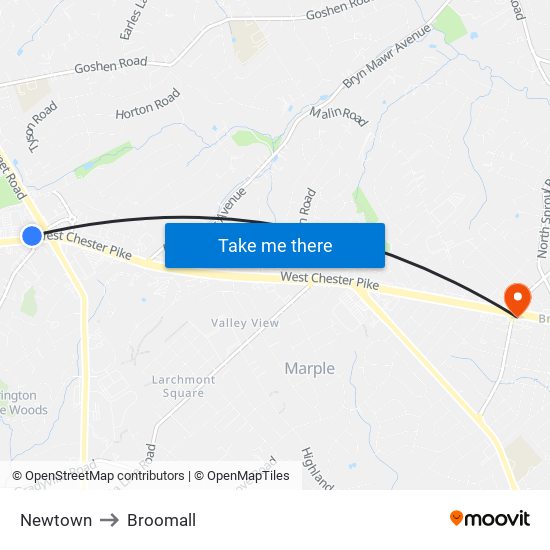 Newtown to Broomall map