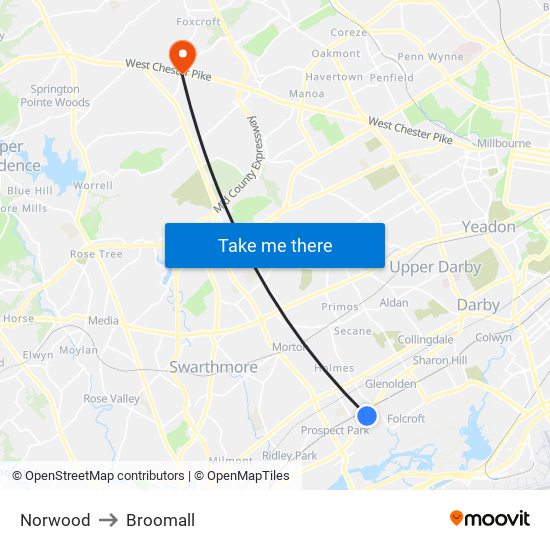 Norwood to Broomall map