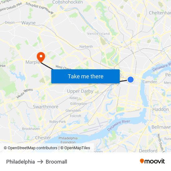 Philadelphia to Broomall map