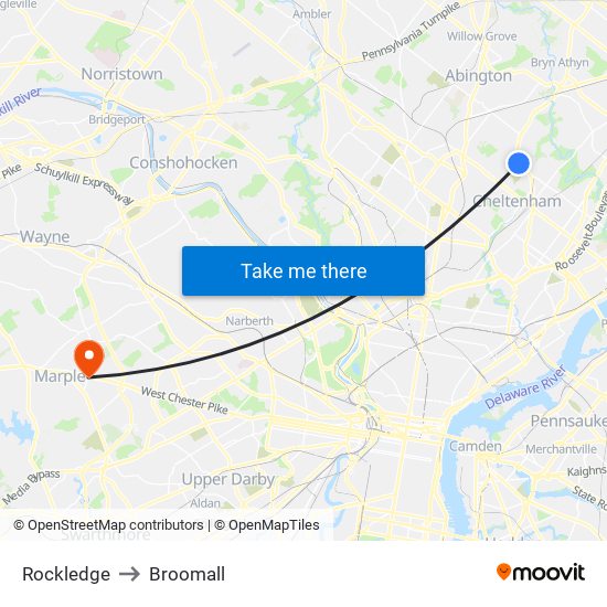 Rockledge to Broomall map