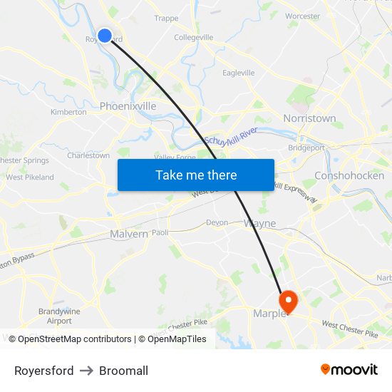 Royersford to Broomall map