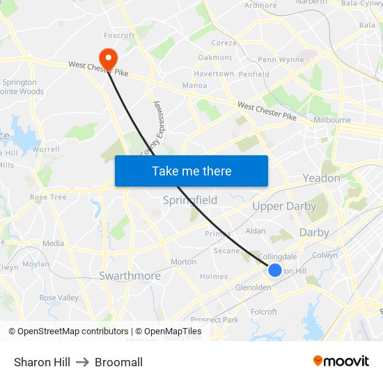 Sharon Hill to Broomall map