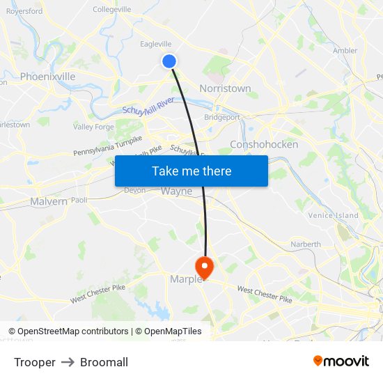 Trooper to Broomall map