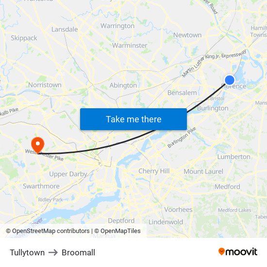 Tullytown to Broomall map