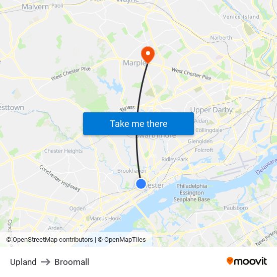 Upland to Broomall map