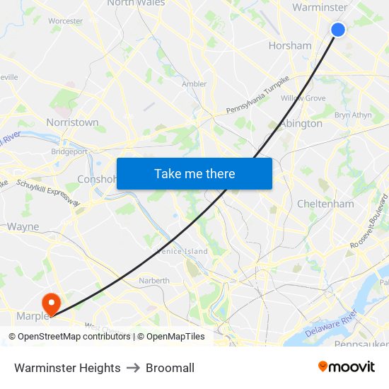 Warminster Heights to Broomall map