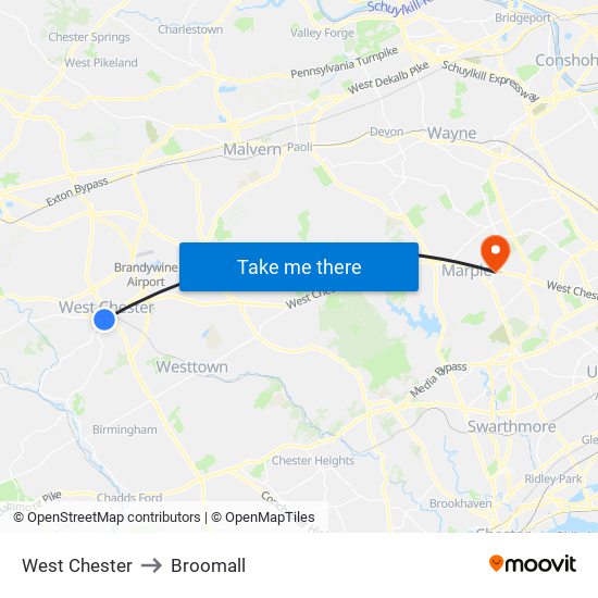 West Chester to Broomall map