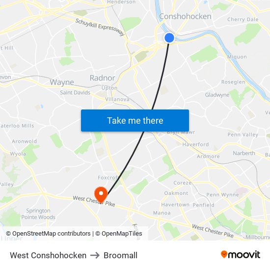 West Conshohocken to Broomall map