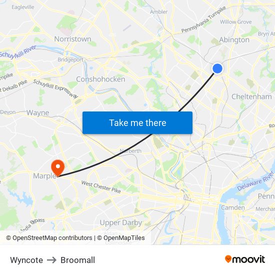 Wyncote to Broomall map