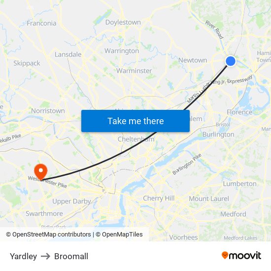 Yardley to Broomall map