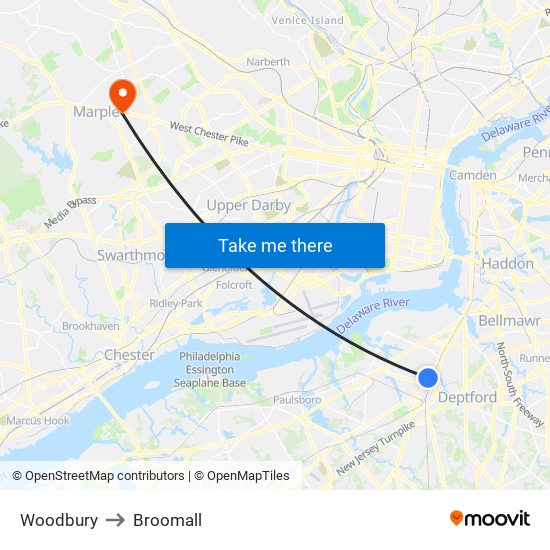 Woodbury to Broomall map